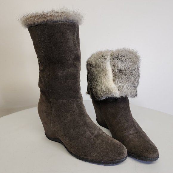 Aquatalia Womens 8 Genuine Fur Taupe Suede Fold Over Wedge Heel Back Zip Boots - Picture 2 of 15